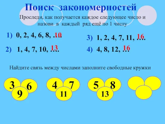 Поиск закономерностей Проследи, как получается каждое следующее число и назови в