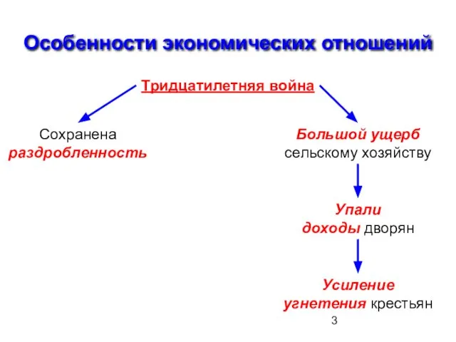 Особенности экономических отношений Тридцатилетняя война Сохранена раздробленность Большой ущерб сельскому хозяйству