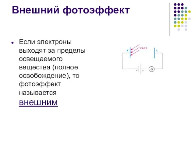 Внешний фотоэффект Если электроны выходят за пределы освещаемого вещества (полное освобождение), то фотоэффект называется внешним