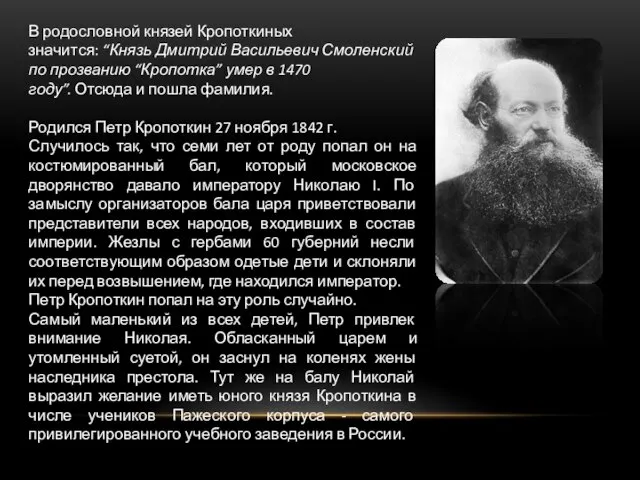 В родословной князей Кропоткиных значится: “Князь Дмитрий Васильевич Смоленский по прозванию