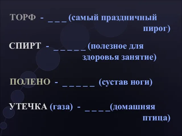 ТОРФ - _ _ _ (самый праздничный пирог) СПИРТ - _