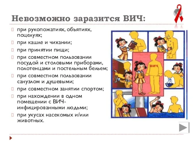 Невозможно заразится ВИЧ: при рукопожатиях, объятиях, поцелуях; при кашле и чихании;