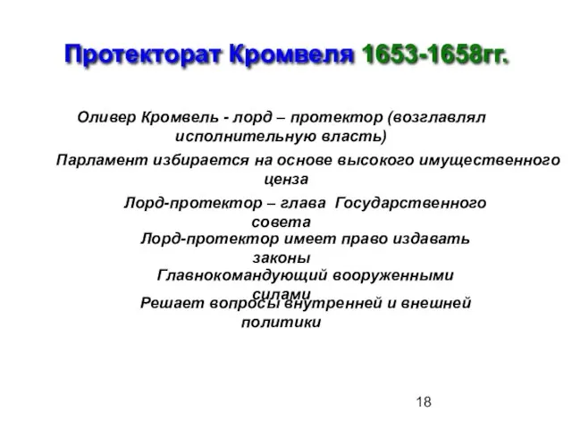 Протекторат Кромвеля 1653-1658гг. Оливер Кромвель - лорд – протектор (возглавлял исполнительную