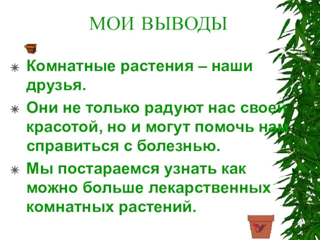 МОИ ВЫВОДЫ Комнатные растения – наши друзья. Они не только радуют