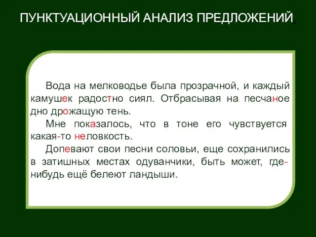 ПУНКТУАЦИОННЫЙ АНАЛИЗ ПРЕДЛОЖЕНИЙ. Вода на мелководье была прозрачной, и каждый камушек