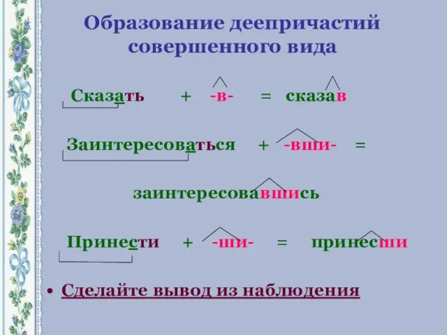 Образование деепричастий совершенного вида Сказать + -в- = сказав Заинтересоваться +