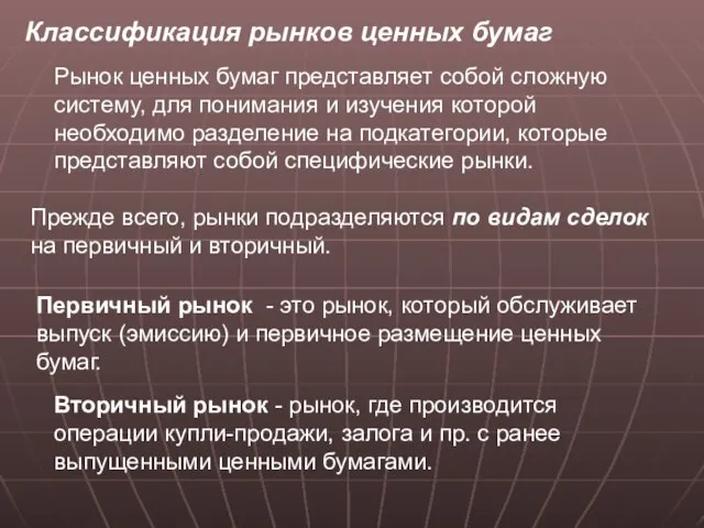 Классификация рынков ценных бумаг Рынок ценных бумаг представляет собой сложную систему,