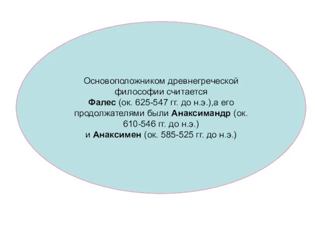 Основоположником древнегреческой философии считается Фалес (ок. 625-547 гг. до н.э.),а его