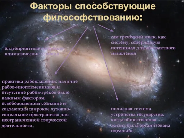 Факторы способствующие философствованию: благоприятные природно-климатические условия практика рабовладения: наличие рабов-иноплеменников и