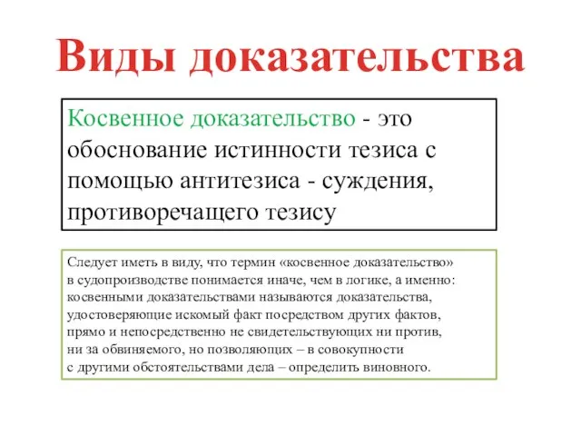 Виды доказательства Косвенное доказательство - это обоснование истинности тезиса с помощью