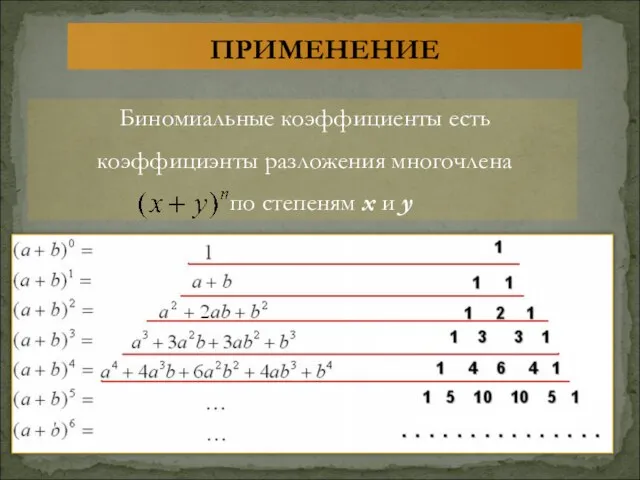 ПРИМЕНЕНИЕ Биномиальные коэффициенты есть коэффициэнты разложения многочлена по степеням x и y