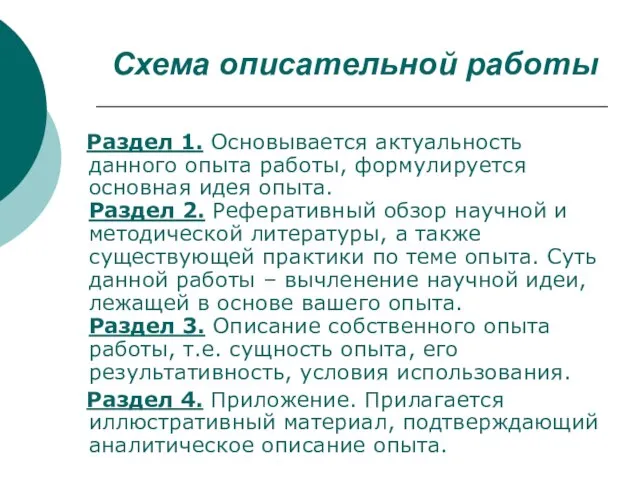 Схема описательной работы Раздел 1. Основывается актуальность данного опыта работы, формулируется