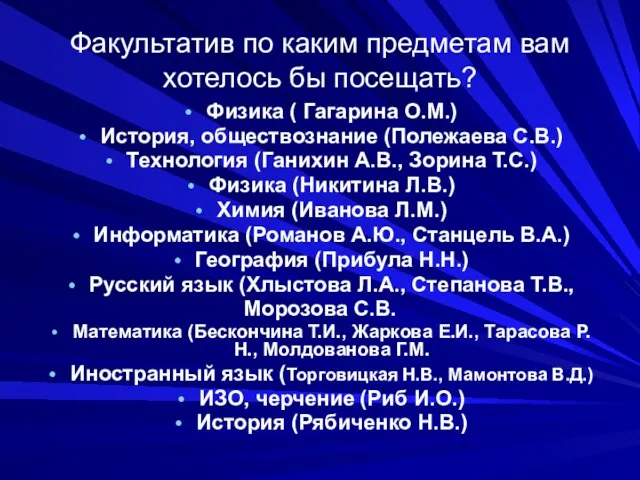 Факультатив по каким предметам вам хотелось бы посещать? Физика ( Гагарина