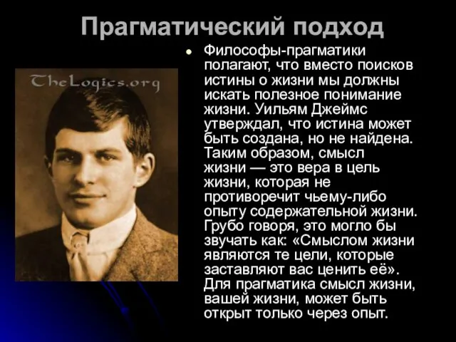 Прагматический подход Философы-прагматики полагают, что вместо поисков истины о жизни мы