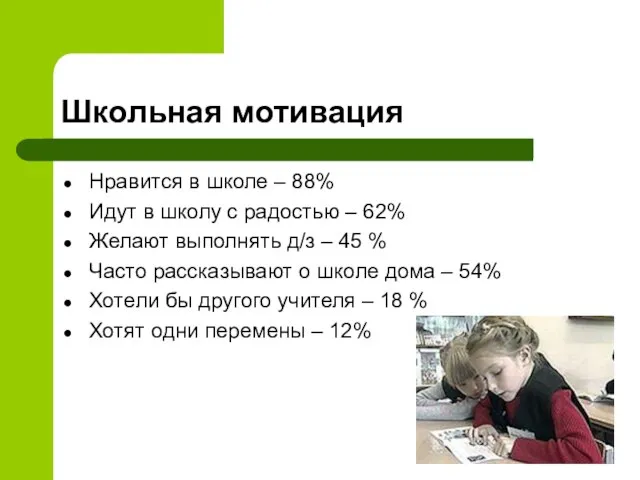 Школьная мотивация Нравится в школе – 88% Идут в школу с