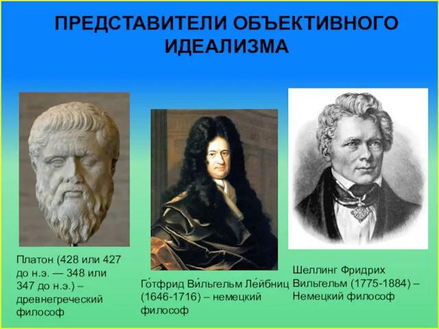 Представители объективного идеализма Го́тфрид Ви́льгельм Ле́йбниц (1646-1716) – немецкий философ Платон