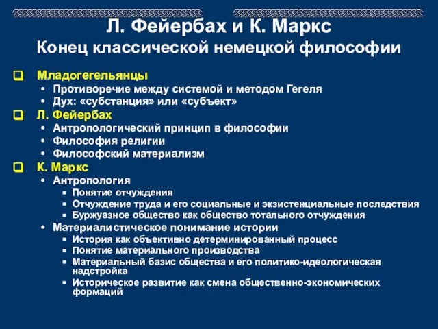 Л. Фейербах и К. Маркс Конец классической немецкой философии Младогегельянцы Противоречие