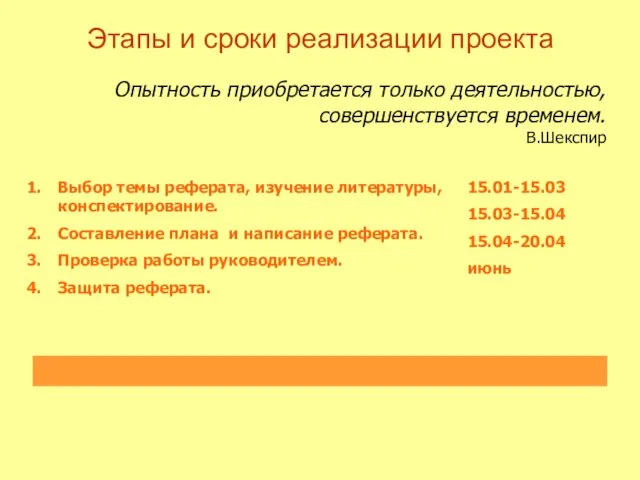 Этапы и сроки реализации проекта Опытность приобретается только деятельностью, совершенствуется временем.