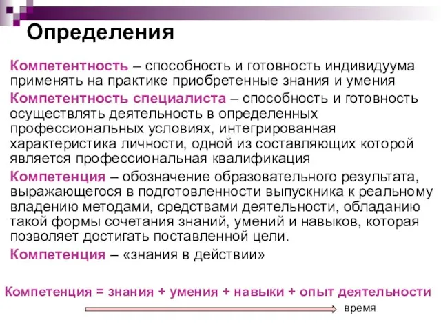 Определения Компетентность – способность и готовность индивидуума применять на практике приобретенные