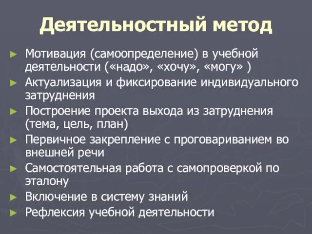 Деятельностный метод Мотивация (самоопределение) в учебной деятельности («надо», «хочу», «могу» )