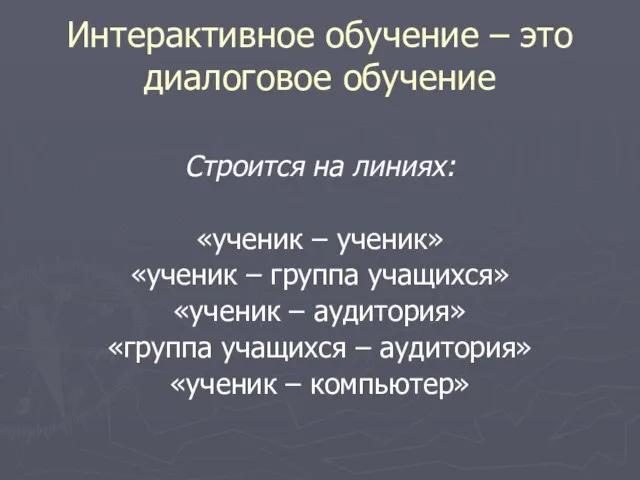 Интерактивное обучение – это диалоговое обучение Строится на линиях: «ученик –