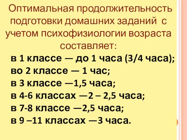 Оптимальная продолжительность подготовки домашних заданий с учетом психофизиологии возраста составляет: в