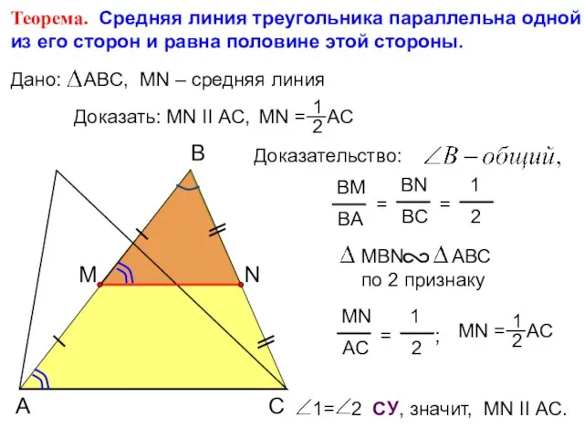 Теорема. Средняя линия треугольника параллельна одной из его сторон и равна