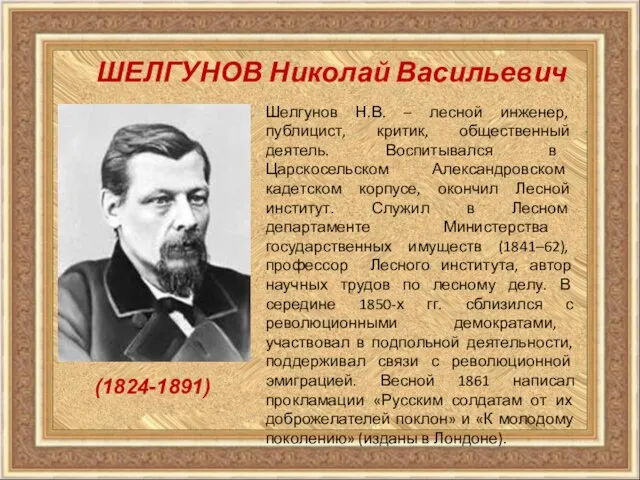 ШЕЛГУНОВ Николай Васильевич Шелгунов Н.В. – лесной инженер, публицист, критик, общественный