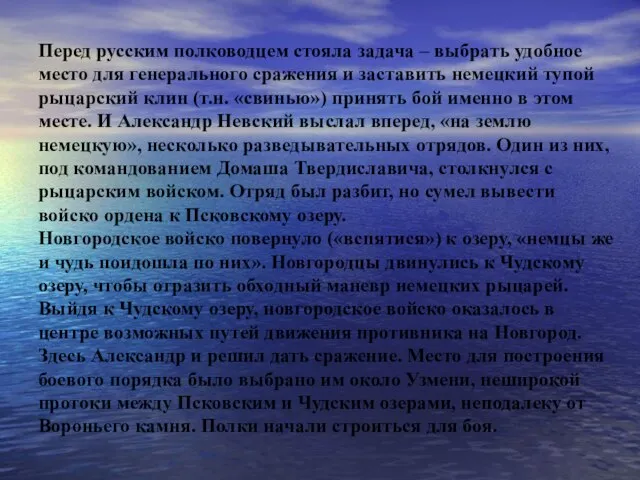 Перед русским полководцем стояла задача – выбрать удобное место для генерального