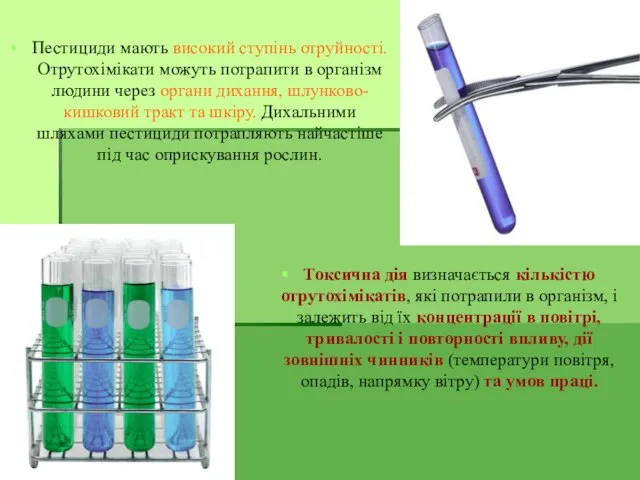 Пестициди мають високий ступінь отруйності. Отрутохімікати можуть потрапити в організм людини