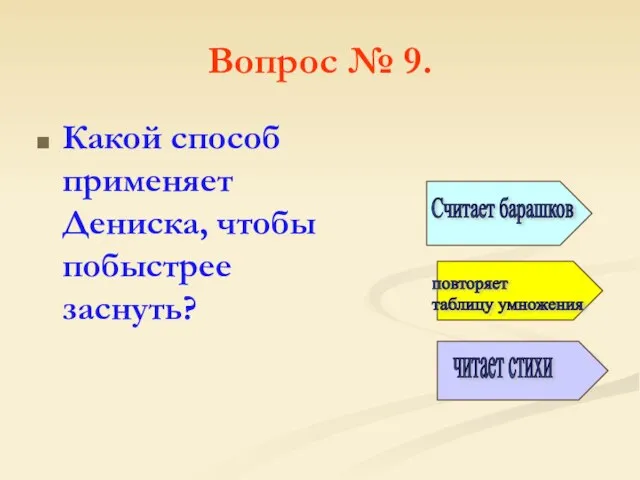 Вопрос № 9. Какой способ применяет Дениска, чтобы побыстрее заснуть? Считает