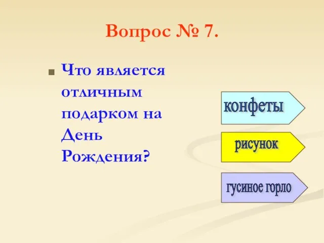 Вопрос № 7. Что является отличным подарком на День Рождения? конфеты рисунок гусиное горло