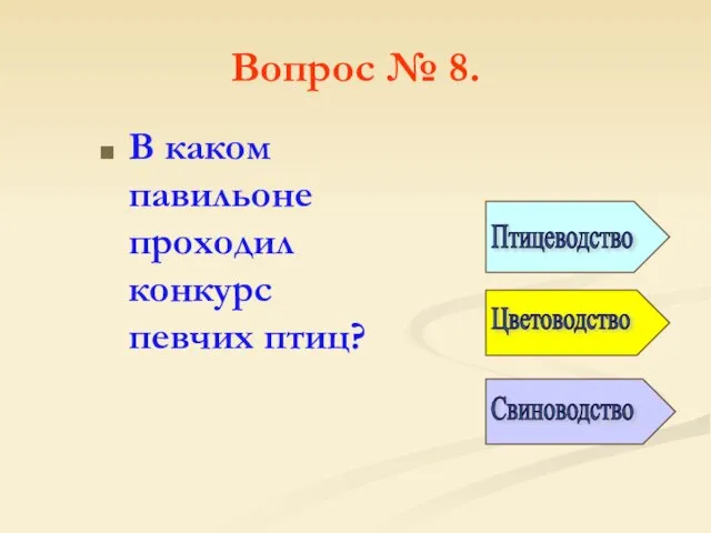 Вопрос № 8. В каком павильоне проходил конкурс певчих птиц? Птицеводство Цветоводство Свиноводство