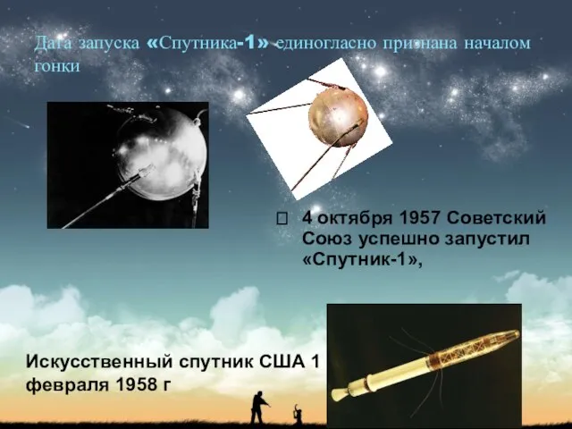 Дата запуска «Спутника-1» единогласно признана началом гонки 4 октября 1957 Советский