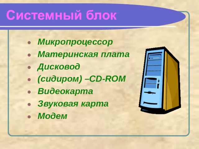 Системный блок Микропроцессор Материнская плата Дисковод (сидиром) –CD-ROM Видеокарта Звуковая карта Модем