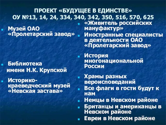 ПРОЕКТ «БУДУЩЕЕ В ЕДИНСТВЕ» ОУ №13, 14, 24, 334, 340, 342,