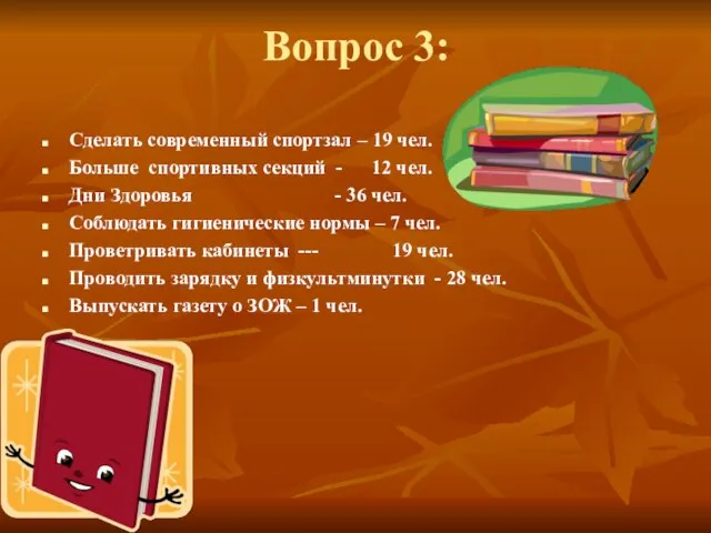 Вопрос 3: Сделать современный спортзал – 19 чел. Больше спортивных секций