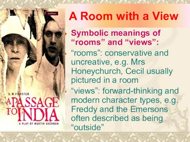 A Room with a View Symbolic meanings of “rooms” and “views”: