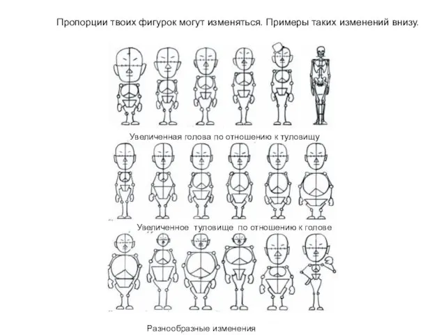 Пропорции твоих фигурок могут изменяться. Примеры таких изменений внизу. Увеличенная голова