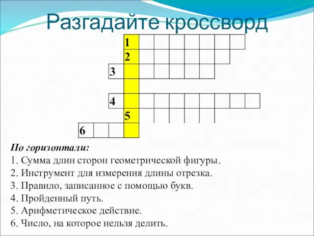 Разгадайте кроссворд По горизонтали: 1. Сумма длин сторон геометрической фигуры. 2.