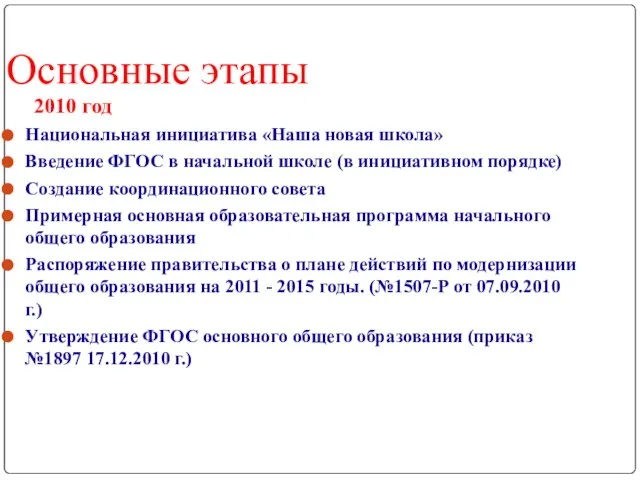 Основные этапы 2010 год Национальная инициатива «Наша новая школа» Введение ФГОС