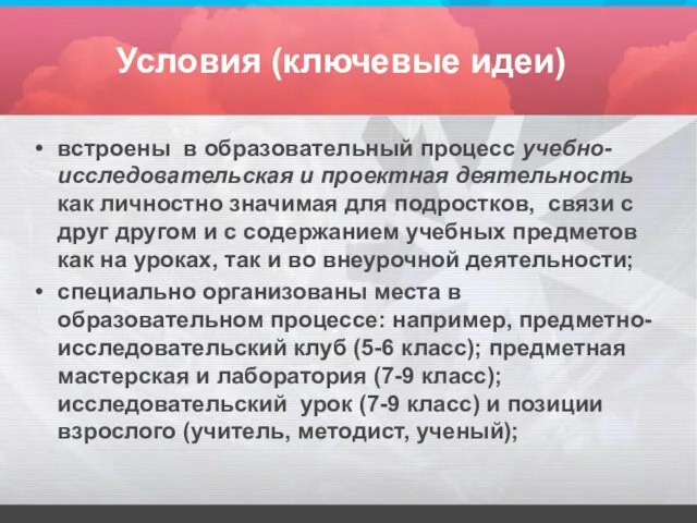 Условия (ключевые идеи) встроены в образовательный процесс учебно-исследовательская и проектная деятельность