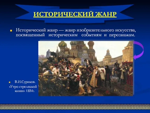 ИСТОРИЧЕСКИЙ ЖАНР Исторический жанр — жанр изобразительного искусства, посвященный историческим событиям