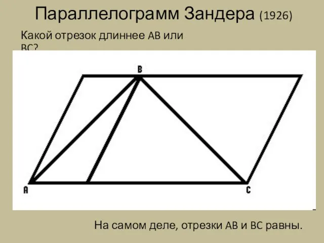 Параллелограмм Зандера (1926) Какой отрезок длиннее AB или BC? На самом