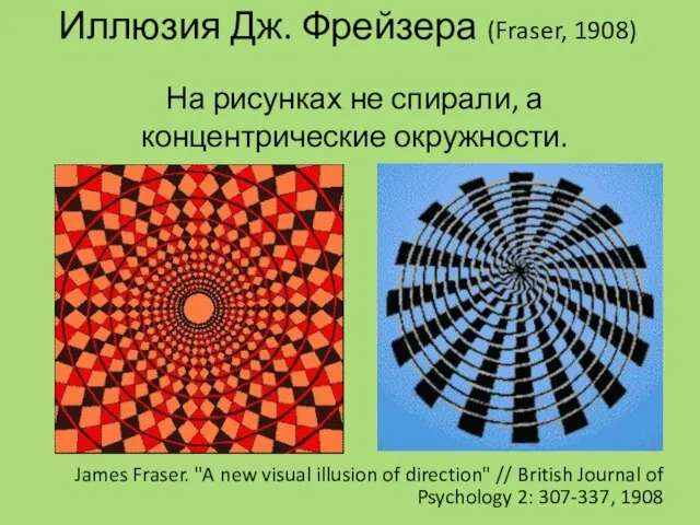 Иллюзия Дж. Фрейзера (Fraser, 1908) На рисунках не спирали, а концентрические