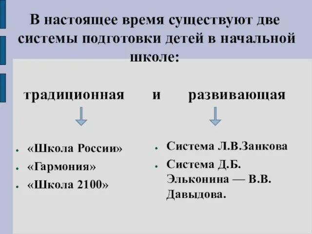 В настоящее время существуют две системы подготовки детей в начальной школе: