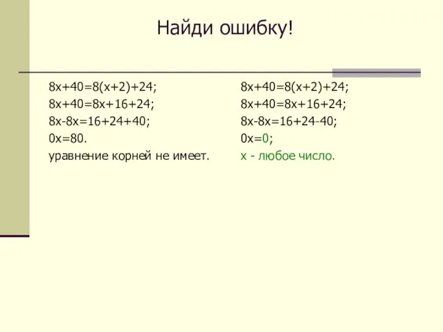 Найди ошибку! 8х+40=8(х+2)+24; 8х+40=8х+16+24; 8х-8х=16+24+40; 0х=80. уравнение корней не имеет. 8х+40=8(х+2)+24;