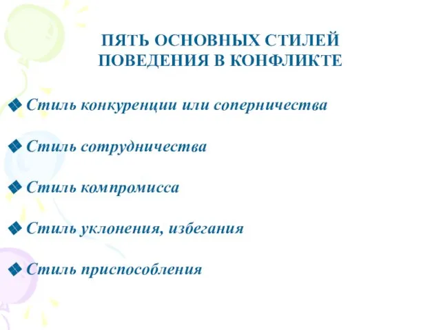 ПЯТЬ ОСНОВНЫХ СТИЛЕЙ ПОВЕДЕНИЯ В КОНФЛИКТЕ Стиль конкуренции или соперничества Стиль