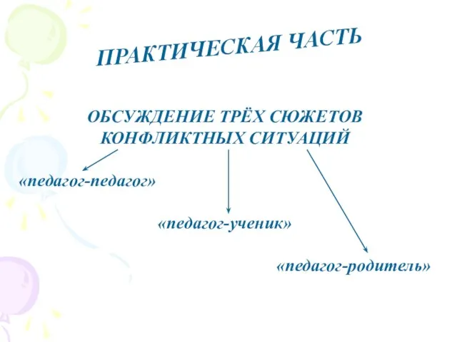 ПРАКТИЧЕСКАЯ ЧАСТЬ ОБСУЖДЕНИЕ ТРЁХ СЮЖЕТОВ КОНФЛИКТНЫХ СИТУАЦИЙ «педагог-педагог» «педагог-ученик» «педагог-родитель»