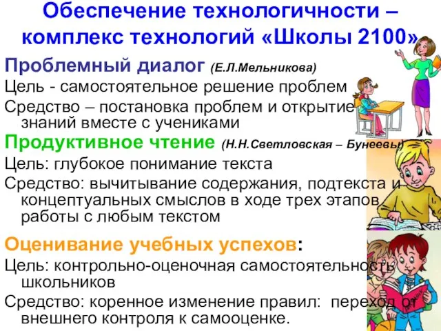 Обеспечение технологичности – комплекс технологий «Школы 2100» Продуктивное чтение (Н.Н.Светловская –